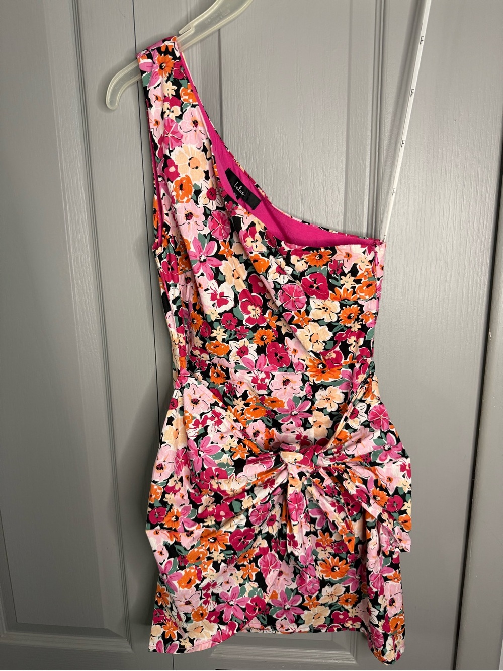 Lulu's Bright Pink Floral One-Shoulder Dress
